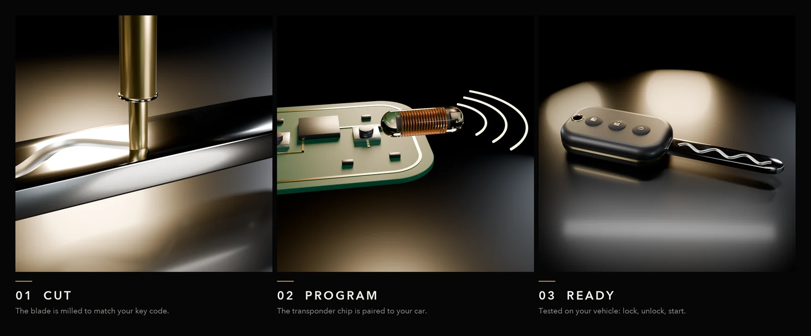 A car key shown in three steps: blade being cut, chip being programmed, and the finished key