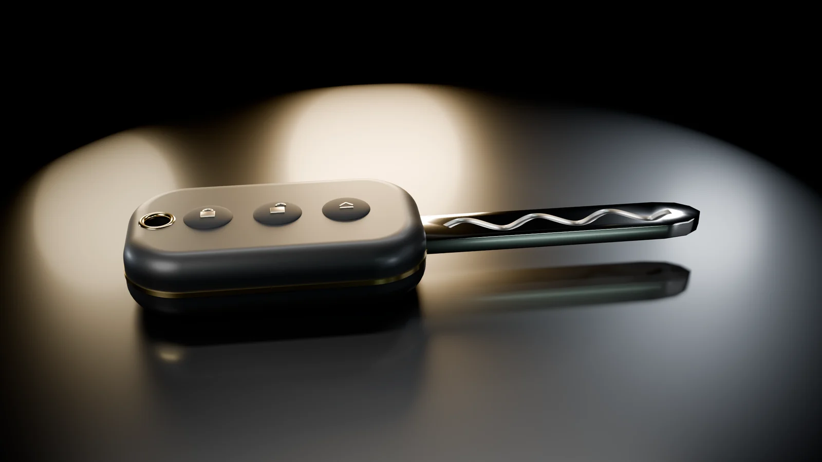 Car key fob with lock, unlock, and trunk buttons