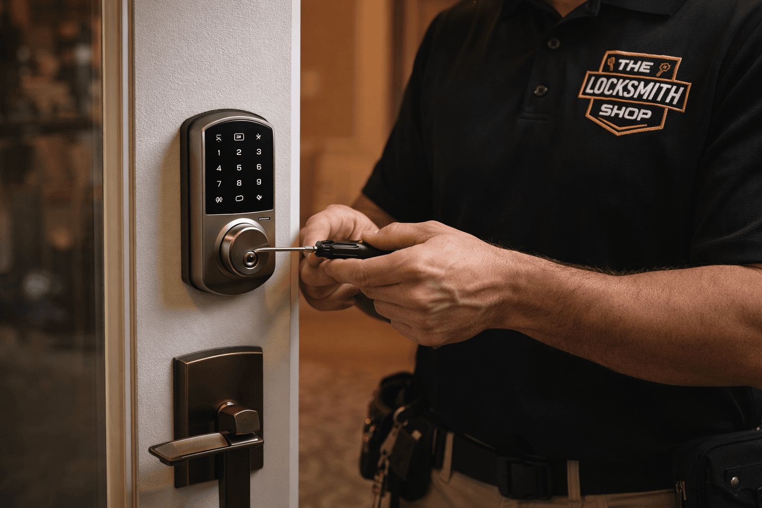 Locksmith installing a keypad smart lock on a Tampa front door
