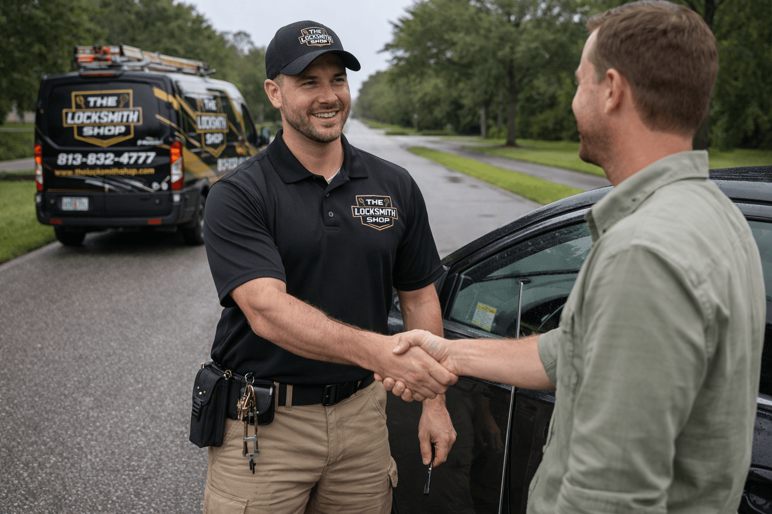 The Locksmith Shop technician helping a customer with an emergency lockout