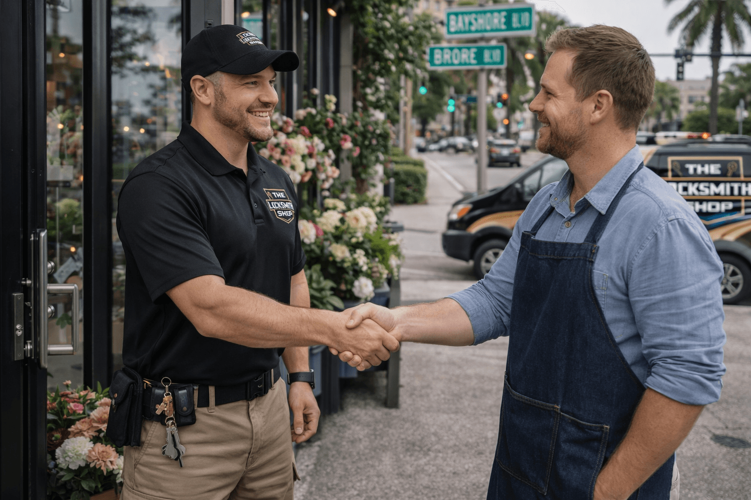 Locksmith helping a Tampa business owner with commercial lock service on Bayshore Blvd