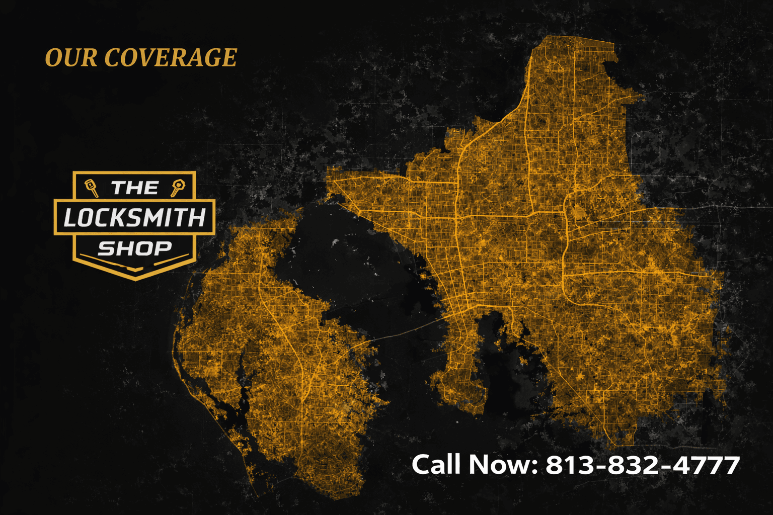 The Locksmith Shop service coverage map across Tampa Bay and Hillsborough County with zip codes