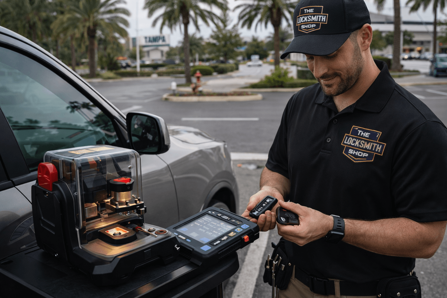 Auto locksmith programming a car key fob in Tampa