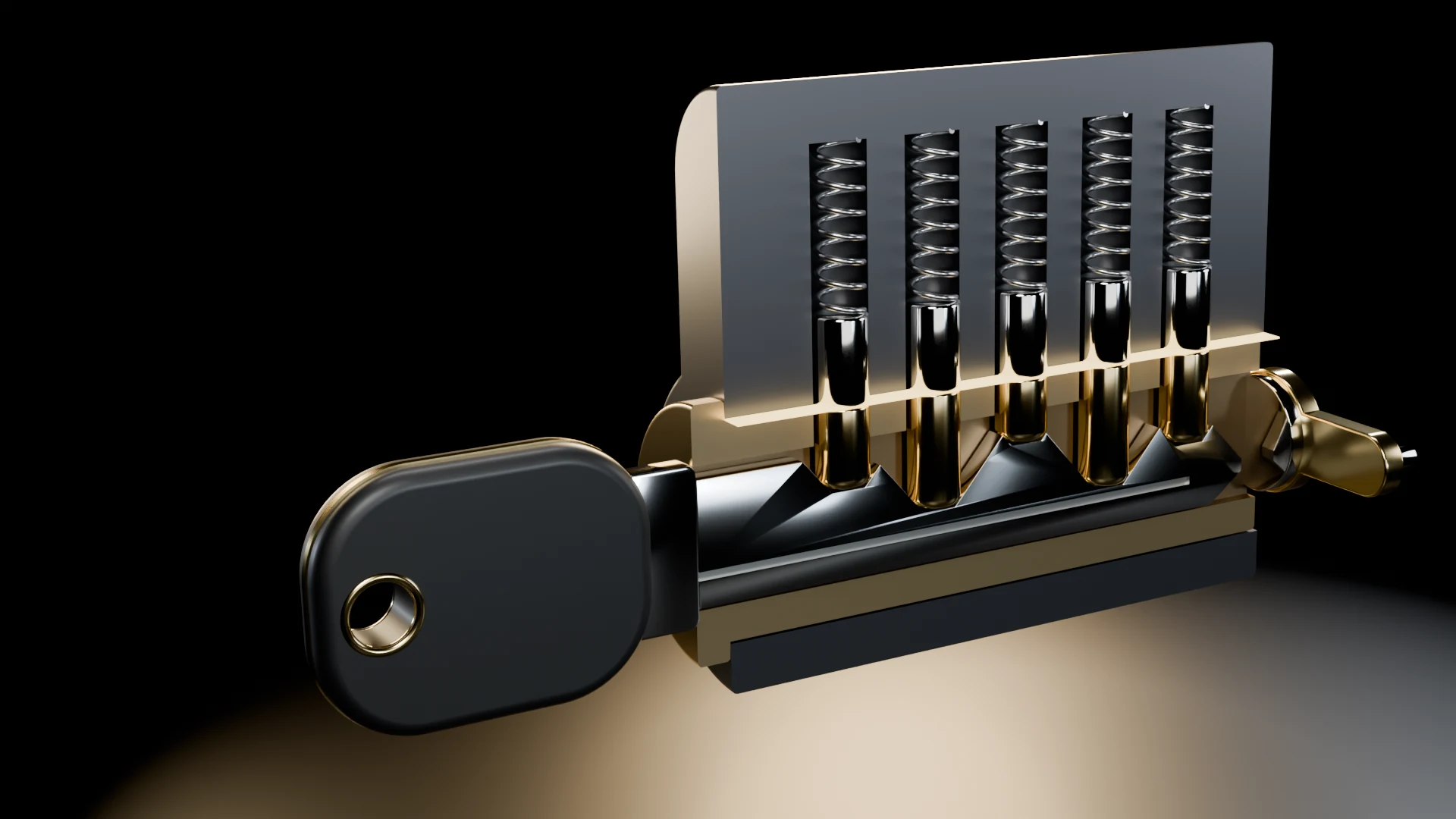 Cutaway of a door lock cylinder with its key inserted. Brass pins, steel springs and the brass plug are visible inside.