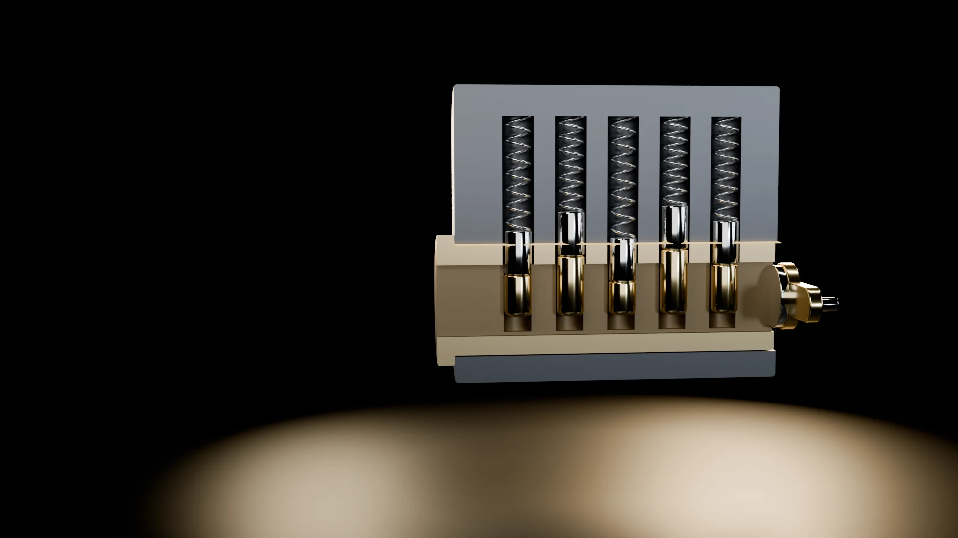 The same lock cut in half with no key: each stack of pins crosses the line between the plug and the housing.