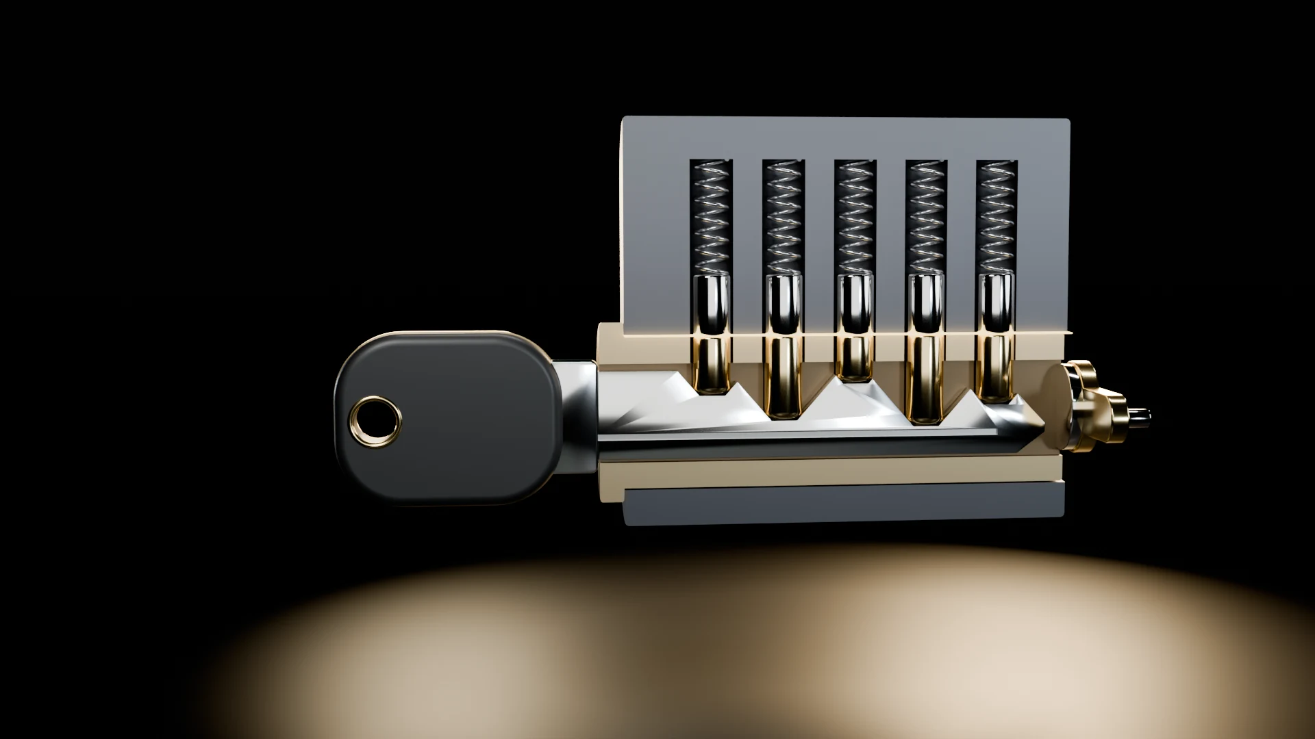 The matching key is fully inserted. Every gap between the pins sits exactly on the shear line.