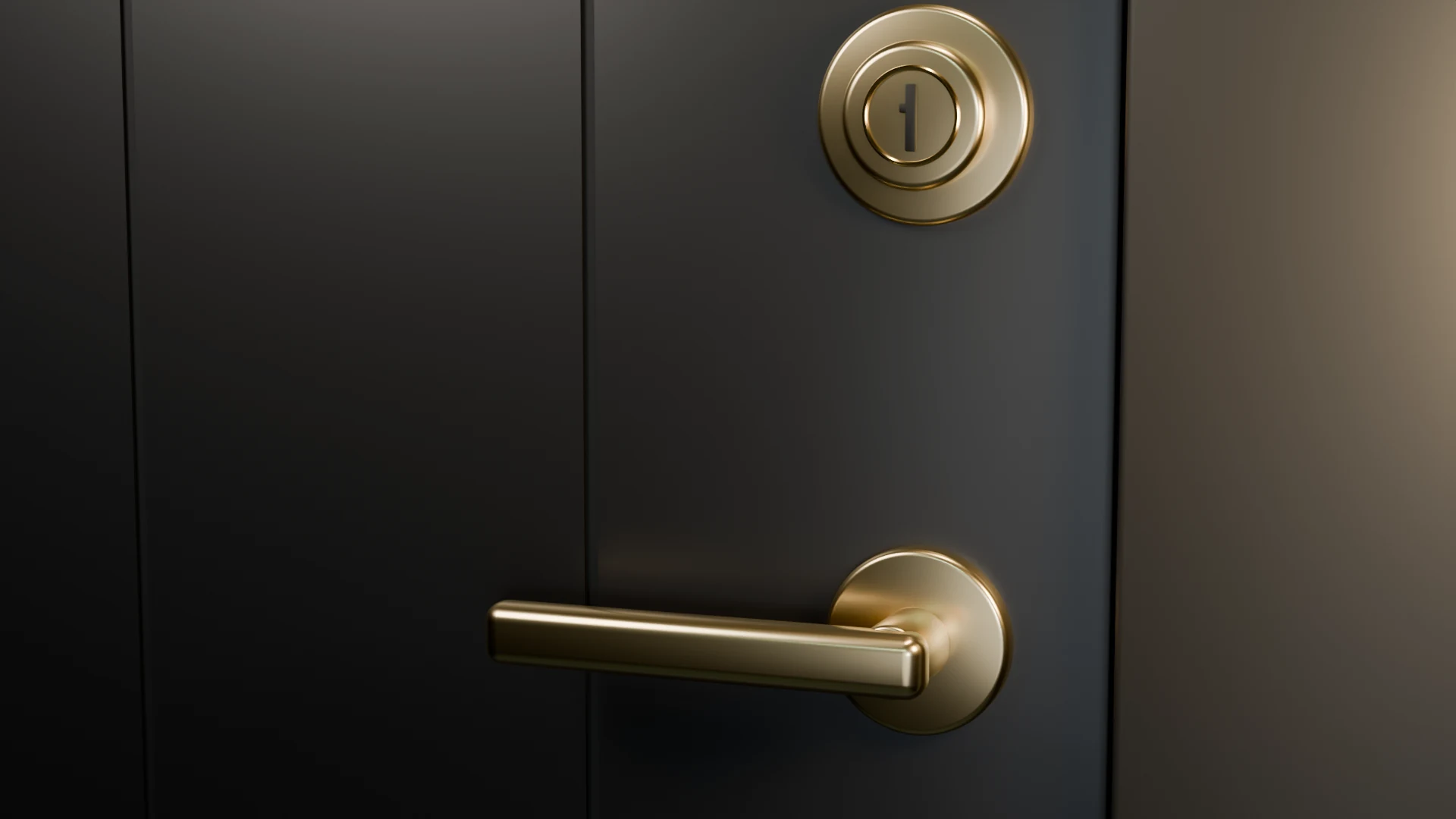 A dark front door with a brass lever handle and deadbolt, intact and undamaged.