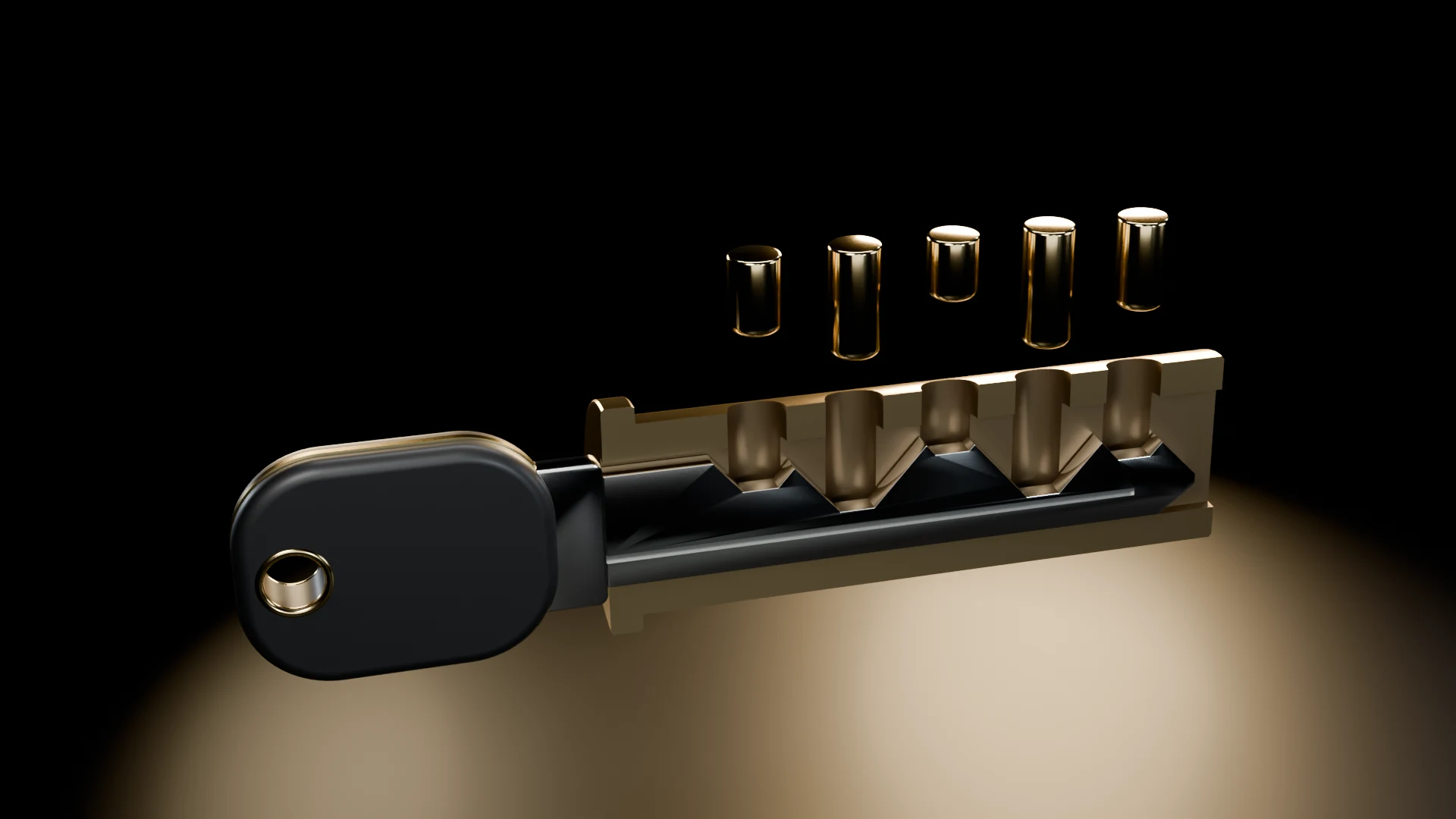 The brass plug lifted out of the lock, with its five key pins raised above it and the key in the plug.