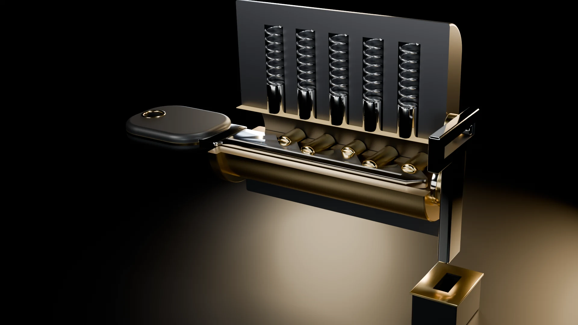 The lock after the key has turned: the plug has rotated and the bolt has lifted clear of the strike.